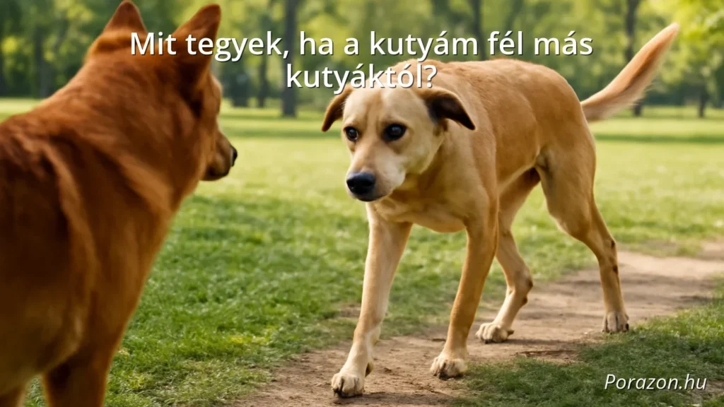Félénk kutya közelít egy másik kutyához a parkban, testbeszédével mutatja félelmét