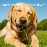 Kutya eszik füvet napsütéses parkban
