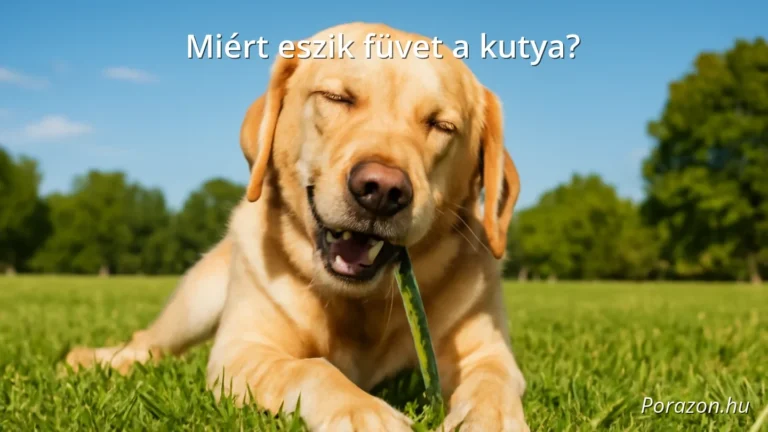 Kutya eszik füvet napsütéses parkban