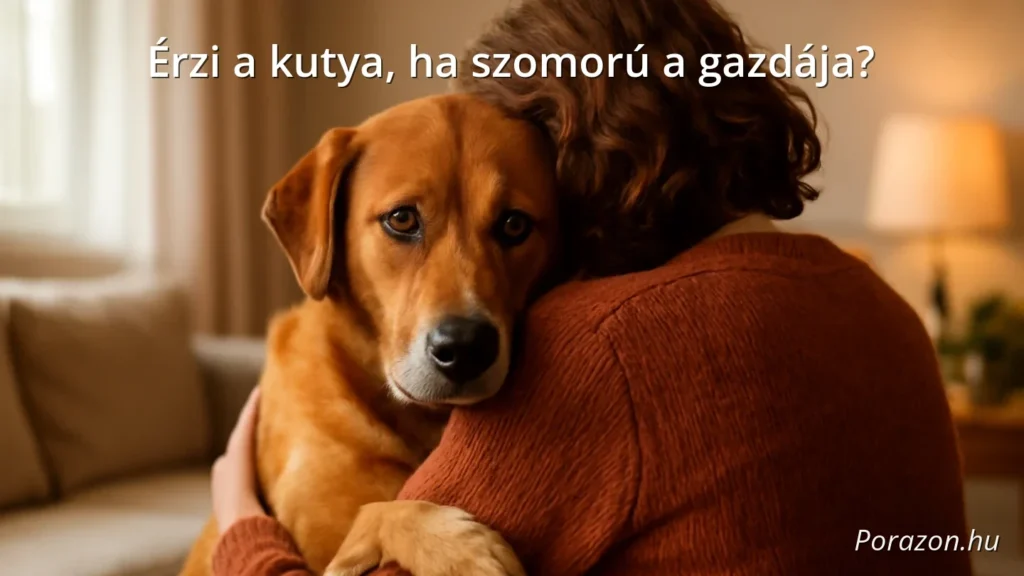 Kutya megnyugtatja a szomorú gazdáját egy otthonos szobában