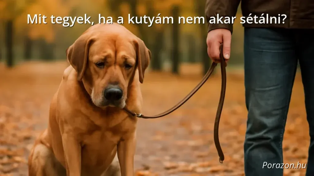 Kedvetlen kutya, aki nem akar sétálni a gazdájával egy parkban ősszel