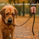 Kedvetlen kutya, aki nem akar sétálni a gazdájával egy parkban ősszel